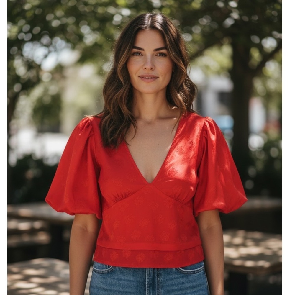 Urban Outfitters Red Floral Jacquard V-Neck Smocked Crop Top Coquette Festival